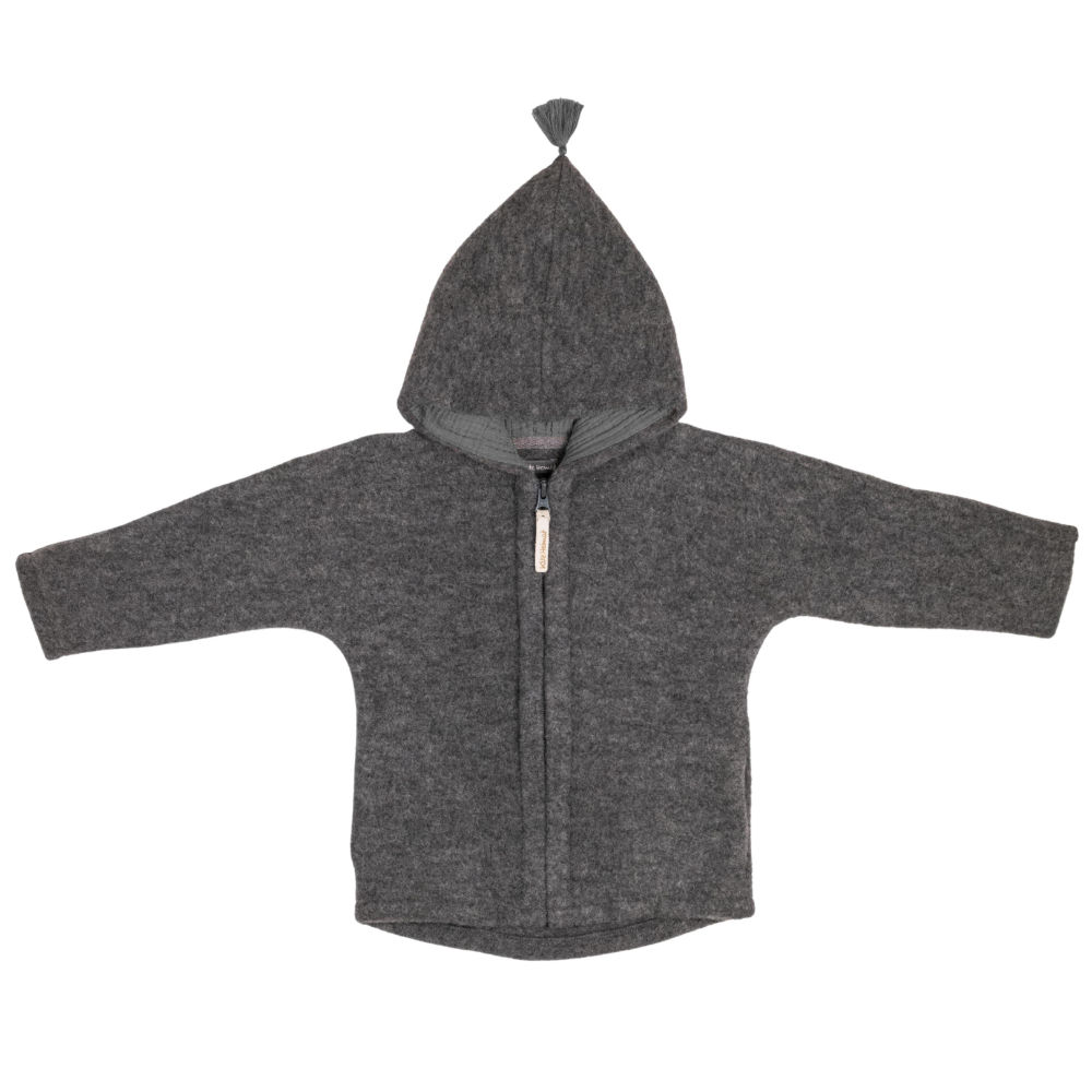 Frontansicht einer Merino Jacke mit Kaputze von Kitz Heimat in Grey/Dark Grey für Babies und Kinder.