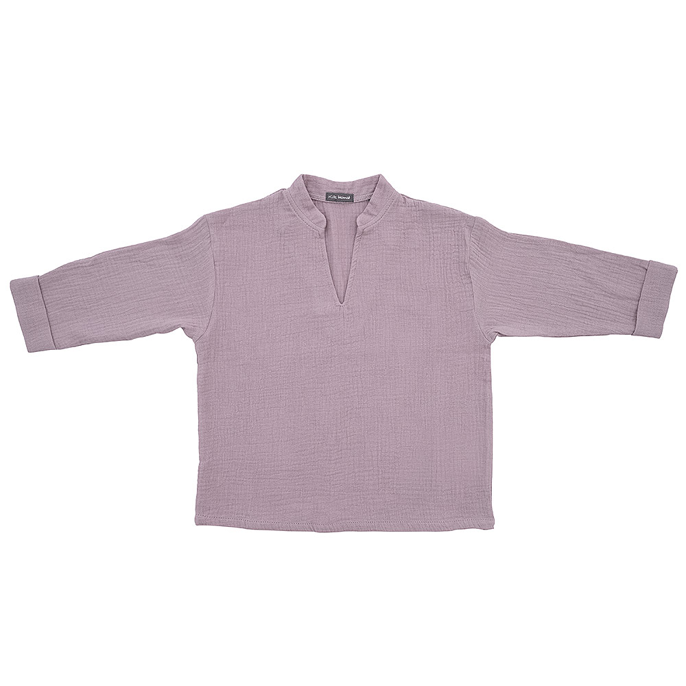 Langarmshirt aus Musselin in Dusty Violet mit V-Ausschnitt und kleinem Stehkragen.