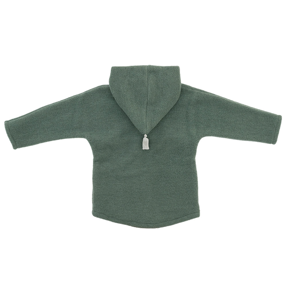 Rückansicht einer Merino Jacke mit Kaputze von Kitz Heimat in Pine/Frosty Green für Babies und Kinder.