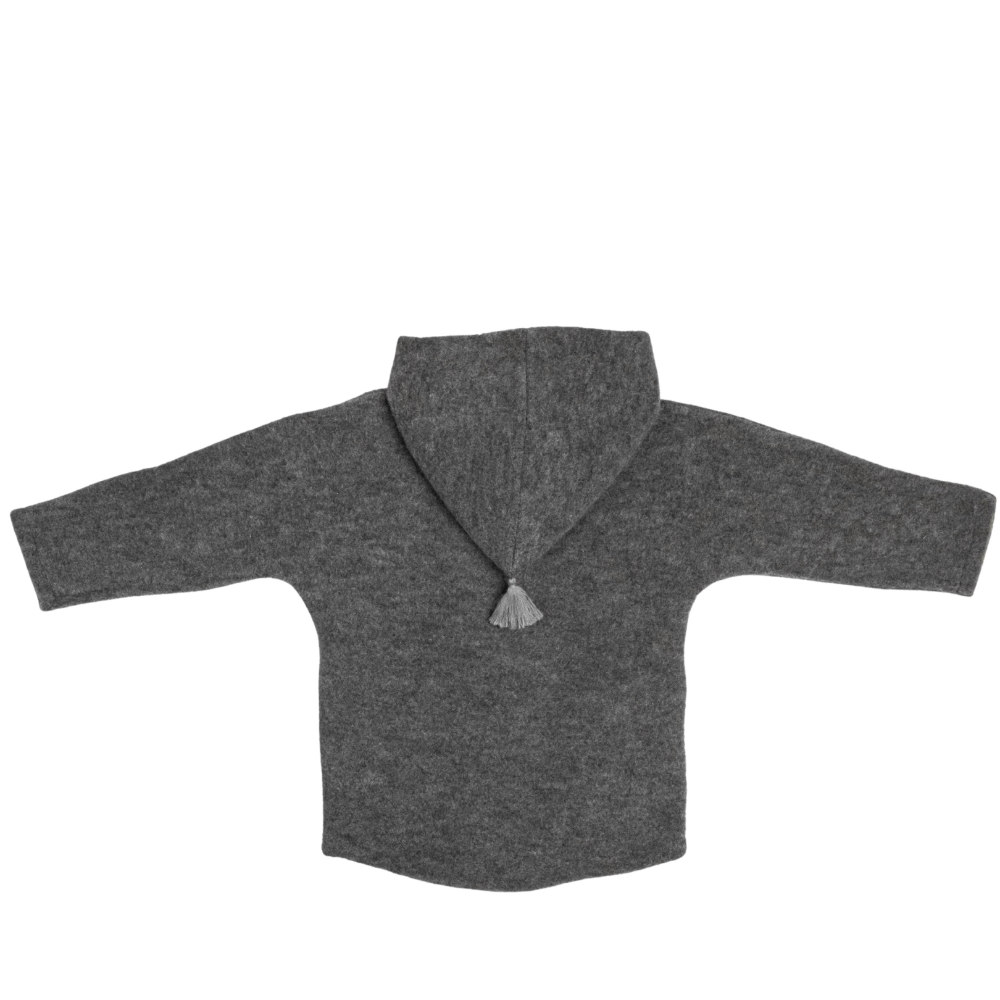 Rückansicht einer Merino Jacke mit Kaputze von Kitz Heimat in Grey/Dark Grey für Babies und Kinder.