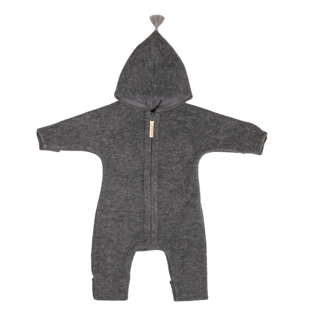 Frontansicht eines Merino Overalls von Kitz Heimat in Grey/Dark Grey für Babies und Kleinkinder.