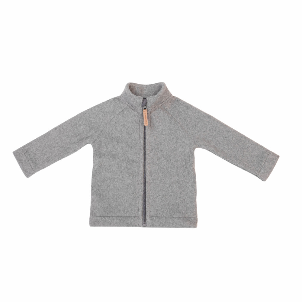 Frontansicht einer Baumwollfleece Jacke mit Stehkragen von Kitz Heimat in Grey für Babies und Kinder.